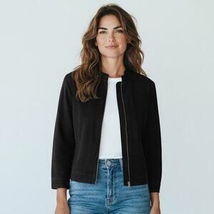 Womens Vintage David N. Linen Jacket Coat Black Full Zip Size 12